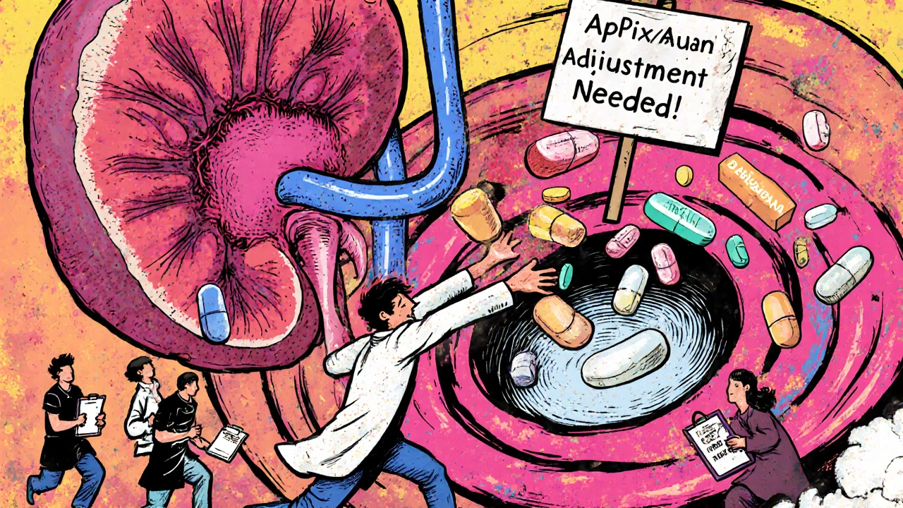 Cartoon kidney chasing falling DOAC pills into a vortex labeled CYP3A4/P-gp.