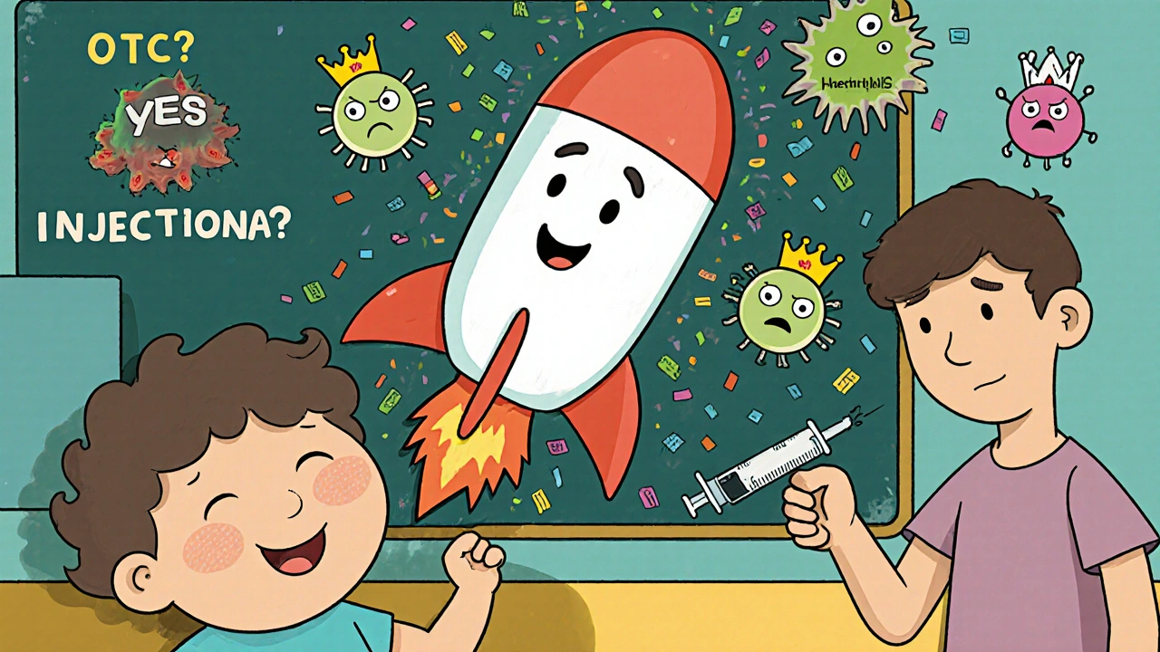 Child swallowing a rocket-shaped pill as bacteria explode in a pediatric clinic