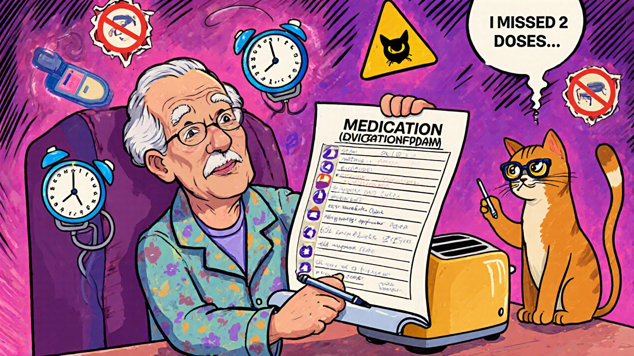 Elderly man laminates his medication plan with a toaster while his cat helps.