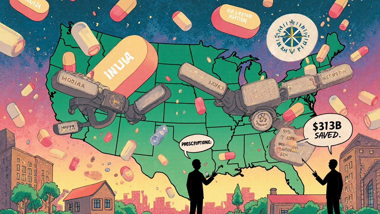 Generic pills raining across the U.S. while supply chains from India and China feed them, with an FDA agent trying to diversify.