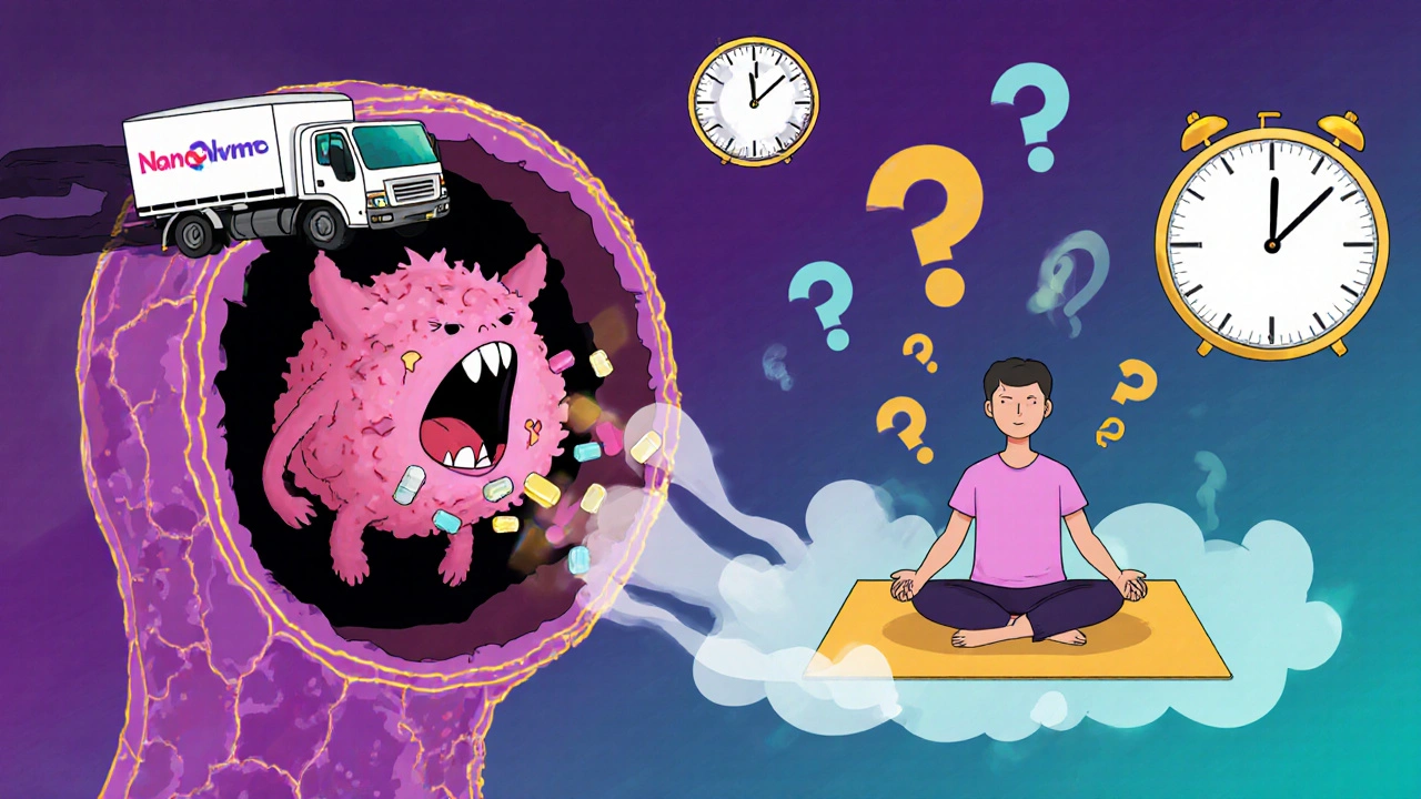 Nanoparticle truck delivering chemo to a tumor monster, while patient meditates as brain fog dissolves into smoke.