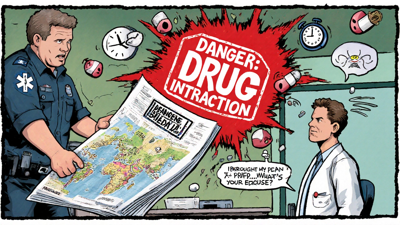 Paramedic presents a laminated medication plan in an emergency room with exploding drug warnings.