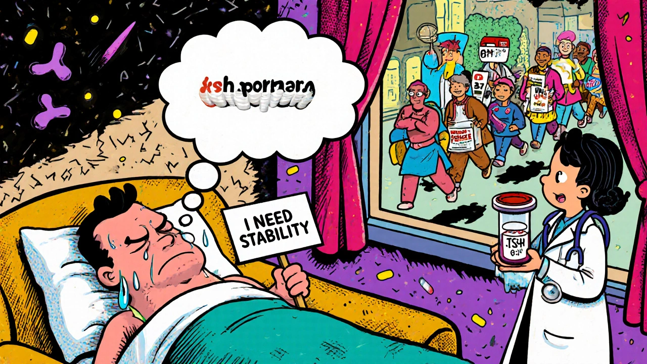 Patient with a grumpy thyroid thought bubble, pills marching by, and a TSH blood test timer.