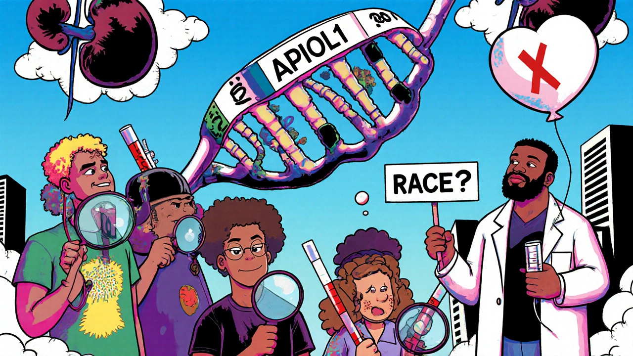 People examining DNA strands with APOL1, one holding a crossed-out &#039;RACE?&#039; sign in a surreal medical landscape.