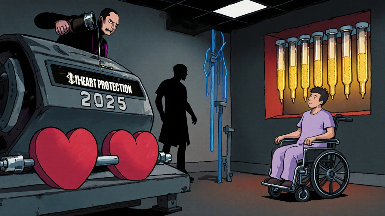 People struggling in a dystopian gym with heart-shaped dumbbells and a statin machine.
