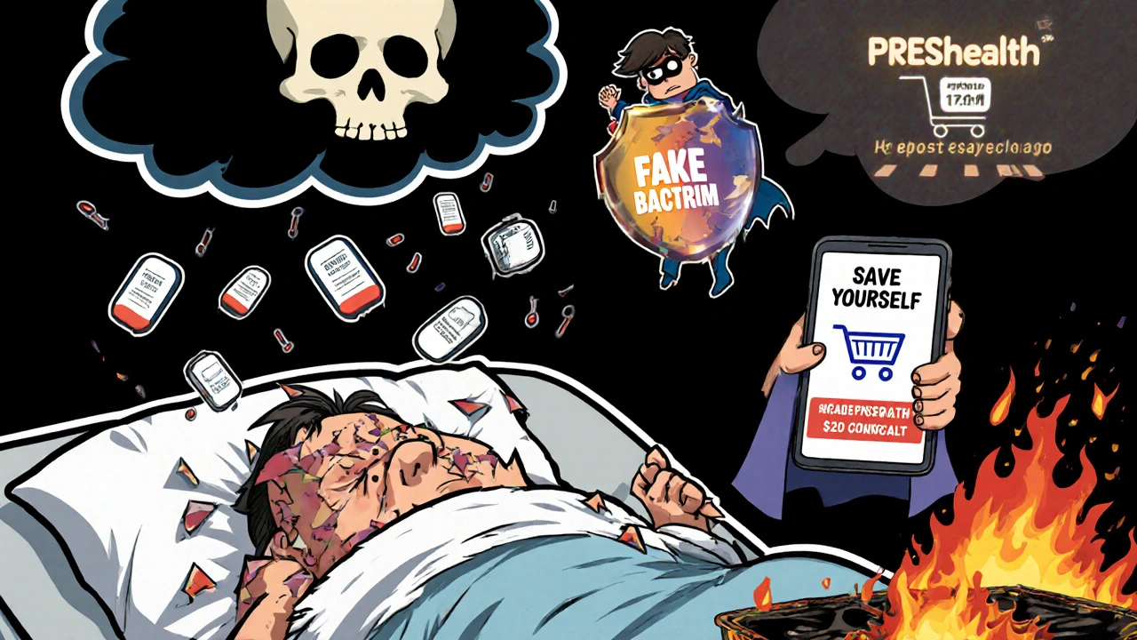 Person collapsing with peeling skin as fake pills rain down, doctor with prescription shield nearby.