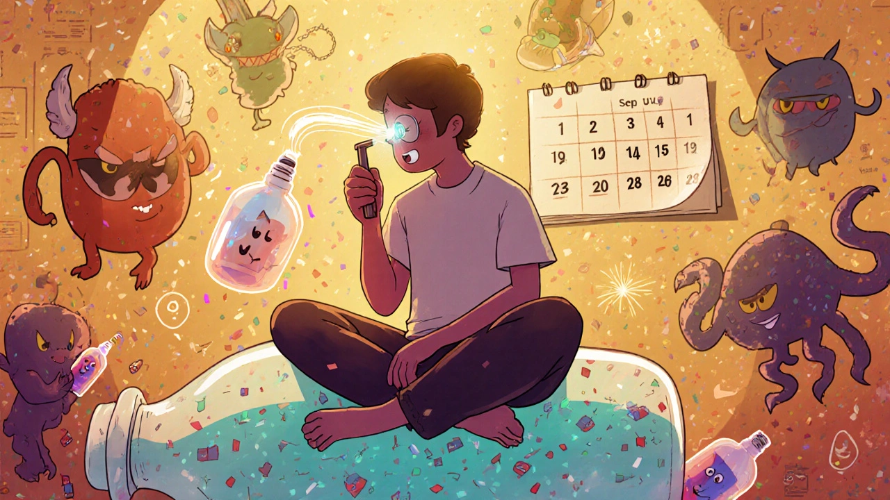 Person rinsing nose with saline from a giant bottle, dissolving decongestant bottles into confetti.