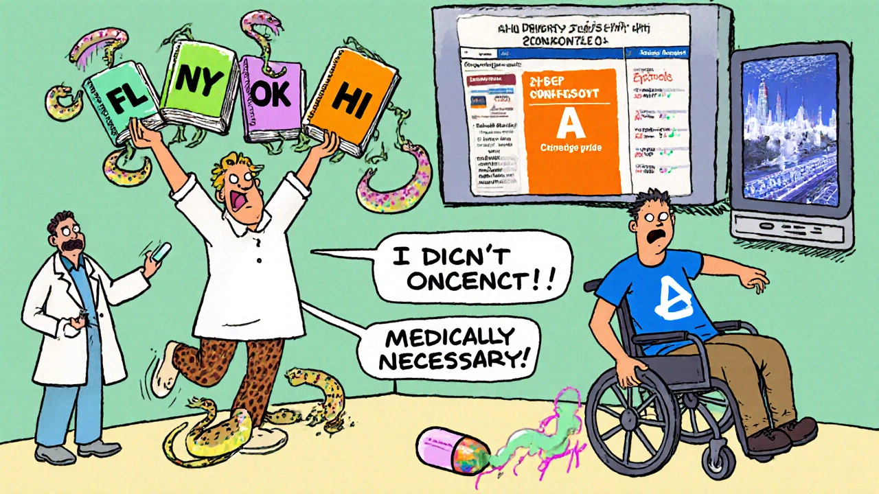 Pharmacist juggling state law books as snakes bite them, with a patient in wheelchair and flickering FDA Orange Book on screen.