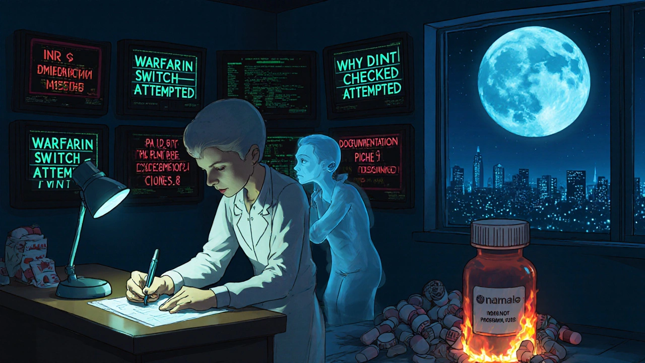 Pharmacist signing consent form at night as ghostly patient whispers, surrounded by glowing system alerts and burning licenses.