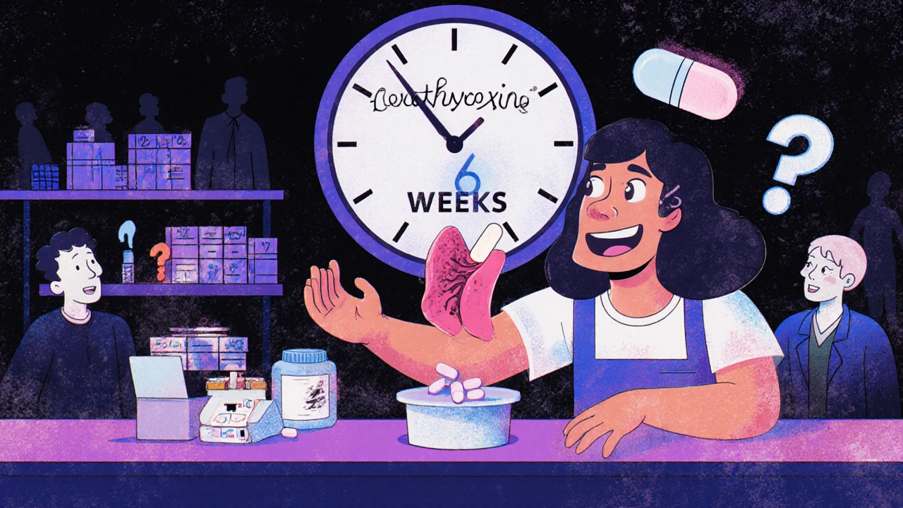 Pharmacist swapping pills while a thyroid gland yawns and a clock counts to six weeks.