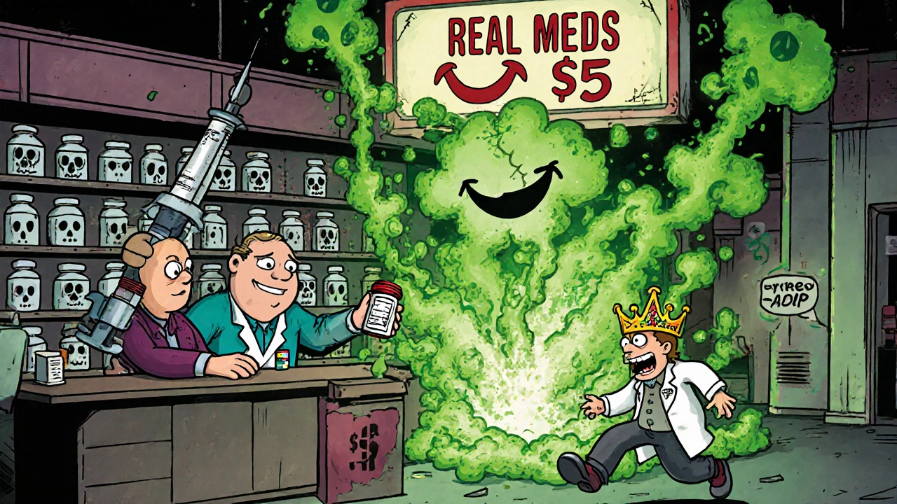 Pharmacy counter with exploding fake Bactrim bottles and antibiotic resistance monster.