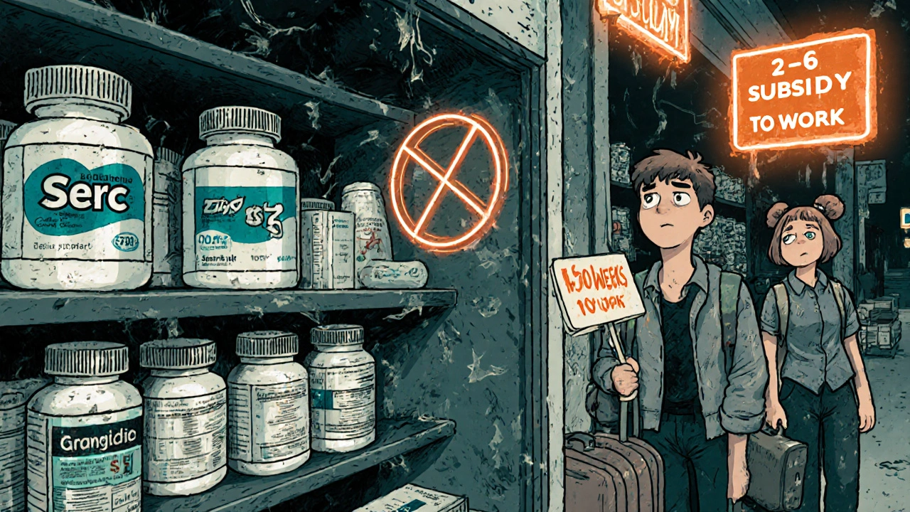 Pharmacy shelf showing cheap and expensive betahistine pills, with a student and visitor looking confused.