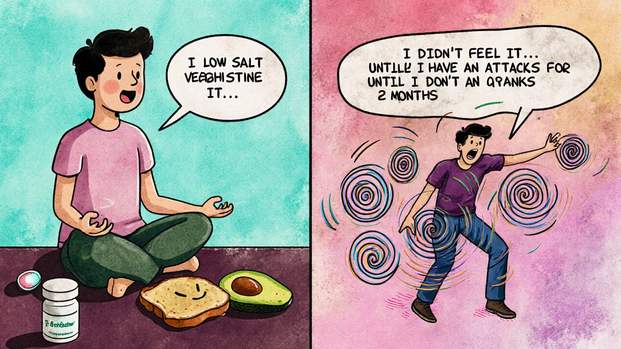 Split scene: calm person doing therapy vs. same person chased by spinning vertigo spirals.