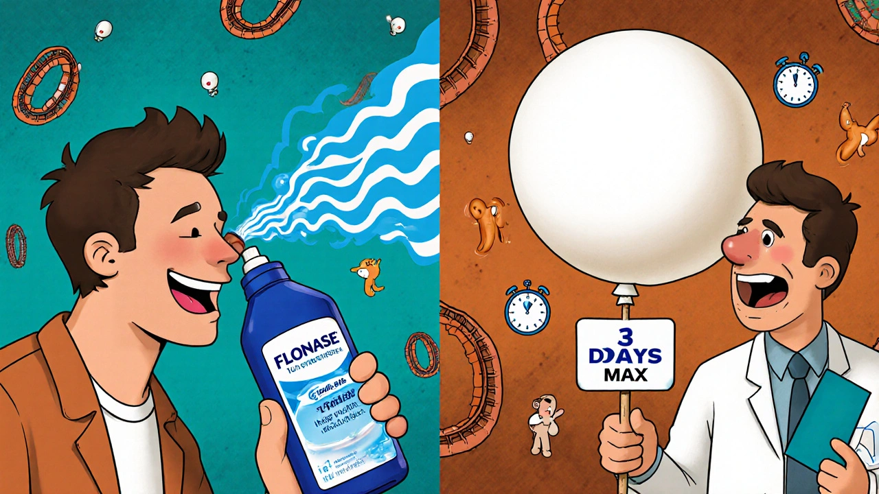 Split scene: calm use of Flonase vs. chaotic Afrin overuse, with a doctor holding a &#039;3 DAYS MAX&#039; sign.