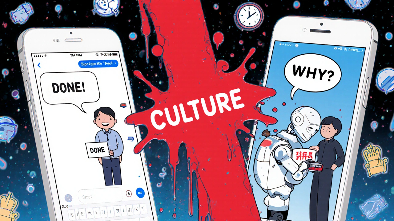 Split-screen of a chatbot being rude in the U.S. and polite in South Korea, with a giant &#039;CULTURE&#039; arrow smashing through.