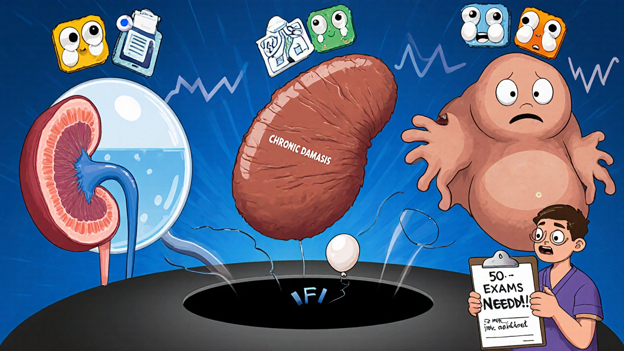 Three stylized kidneys labeled by AI, one bloated, one shrunken, one healthy