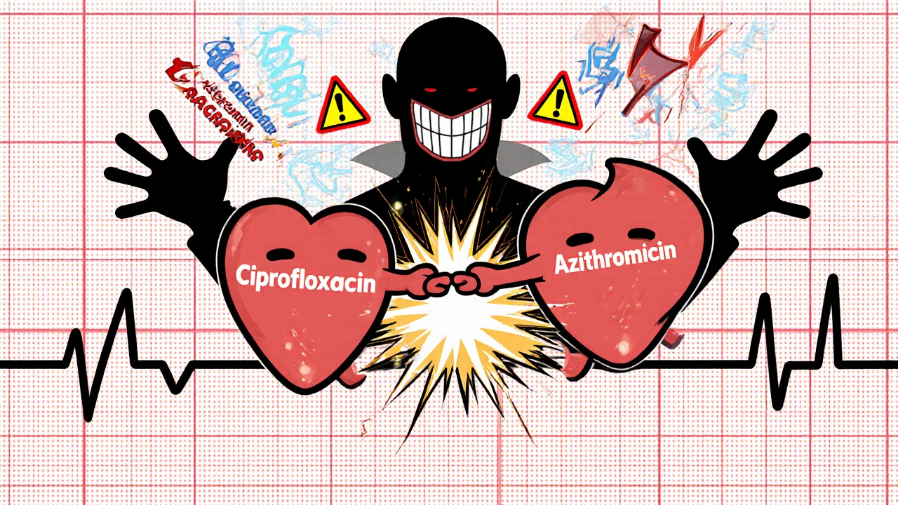 Two cartoon heartbeats stretching an EKG line until it snaps, with sparks flying as torsades de pointes looms.