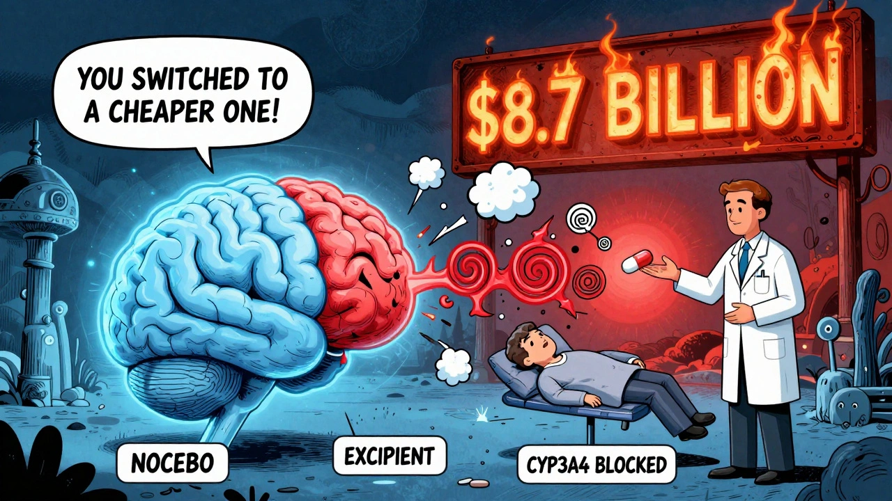 A brain split between calm and panic, with a pharmacist handing a pill amid floating financial symbols.