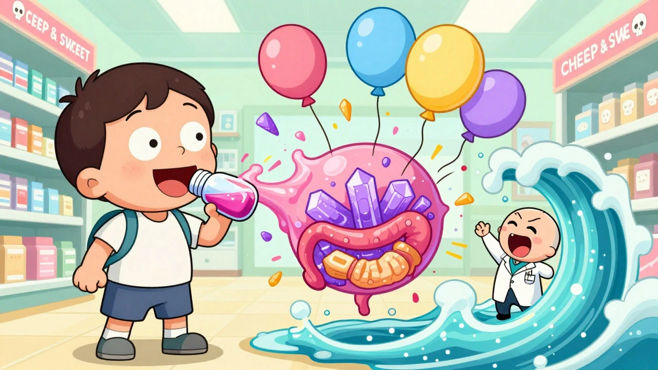 A child&#039;s body explodes with sorbitol crystals causing chaos inside, in satirical cartoon style.