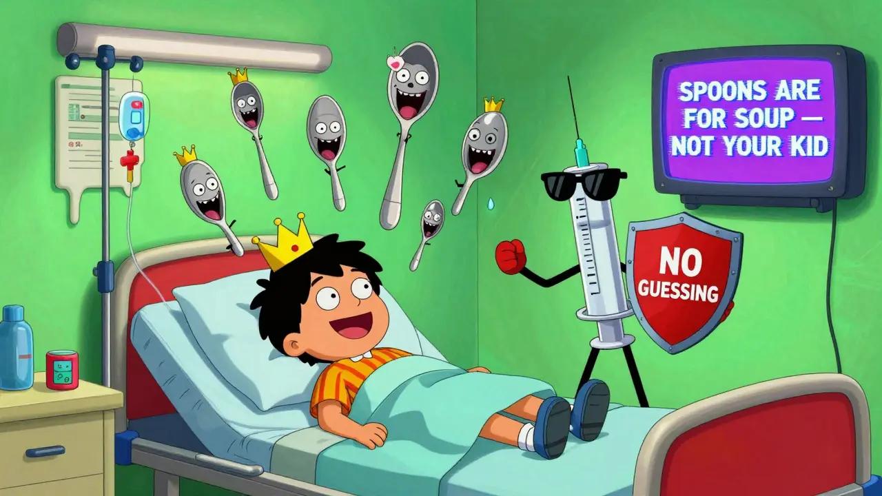 A child in hospital surrounded by laughing spoons, guarded by a heroic syringe with sunglasses and a 'NO GUESSING' shield.