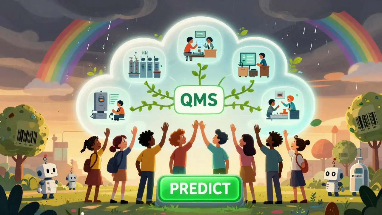 A diverse team celebrates around a glowing QMS dashboard that connects to suppliers and machines, with defects turning into rainbows.