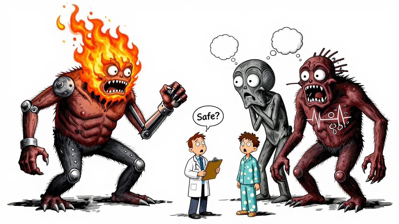 A four-headed monster symbolizing NMS towering over a confused patient, with fever, rigidity, confusion, and erratic heartbeat as its features.