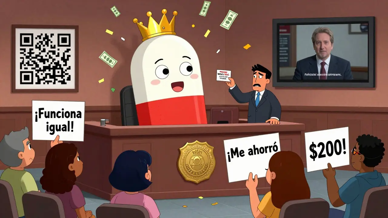 A giant generic pill on trial in a cartoon courtroom, defended by patients holding signs that say 'It works the same!'