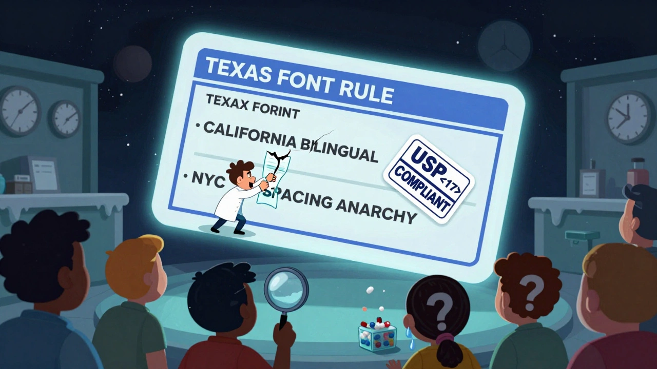 A giant prescription label with state-specific rules floating in space, while confused patients shout below.