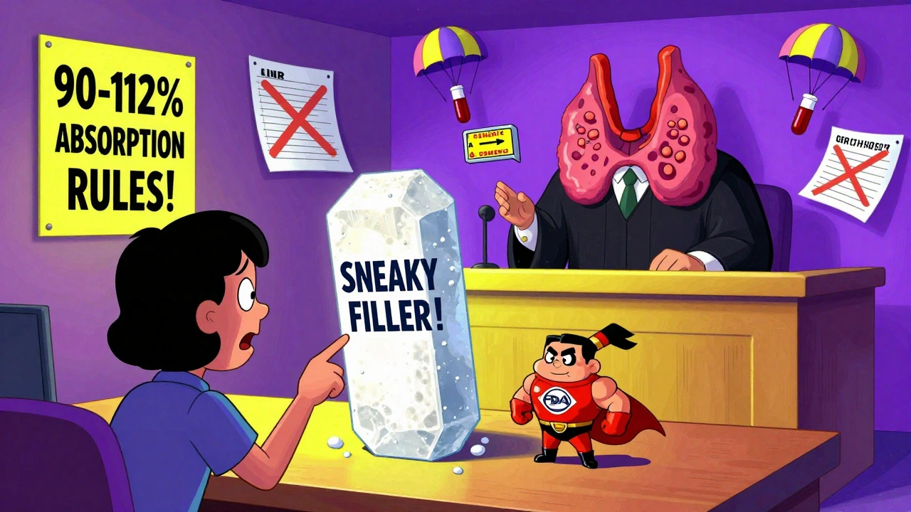 A levothyroxine pill on trial defended by an FDA superhero against a giant lactose crystal.