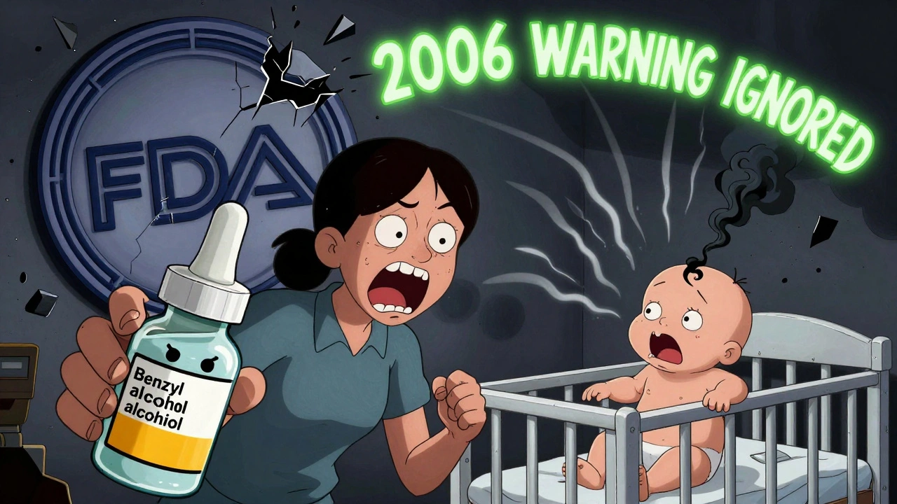 A parent holds a medicine bottle with a screaming benzyl alcohol label, while a baby gasps in a crumbling hospital, Adult Swim style.