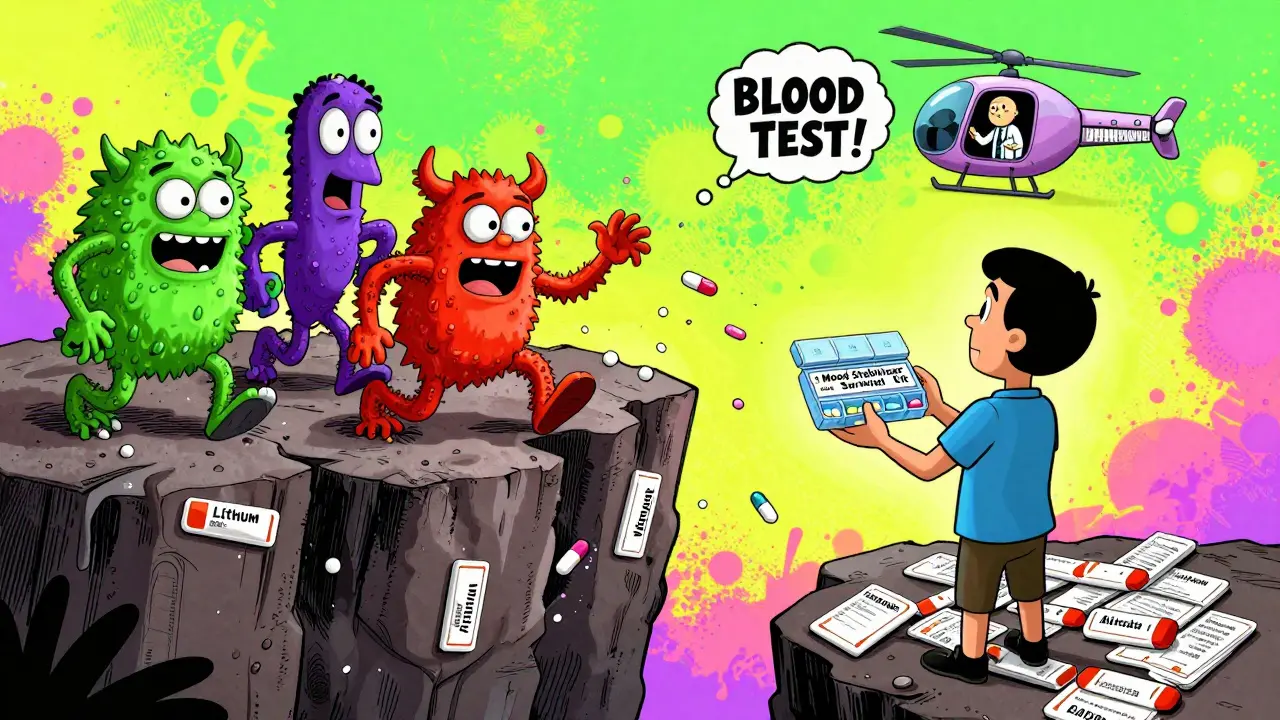 A patient fleeing cartoon drug monsters on a cliff of prescription labels, chased by a shouting doctor.