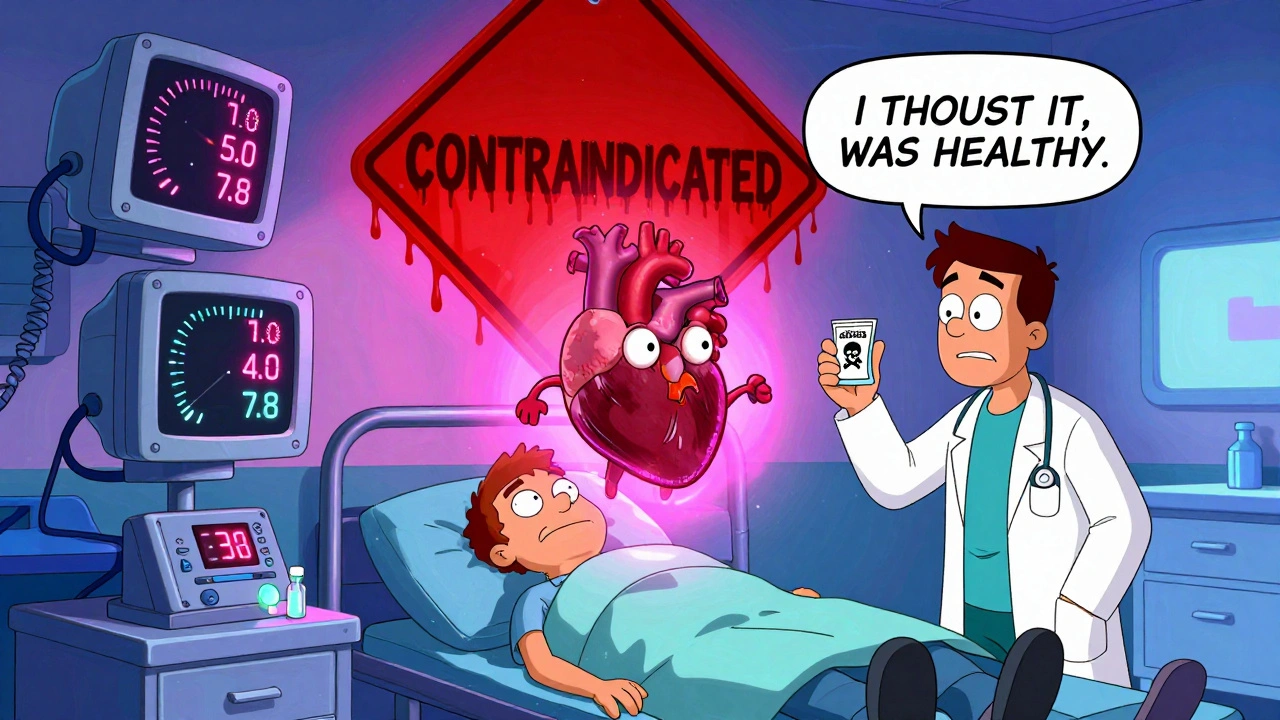 A patient in an ER with a floating erratic heart and monitors showing dangerously high potassium levels.
