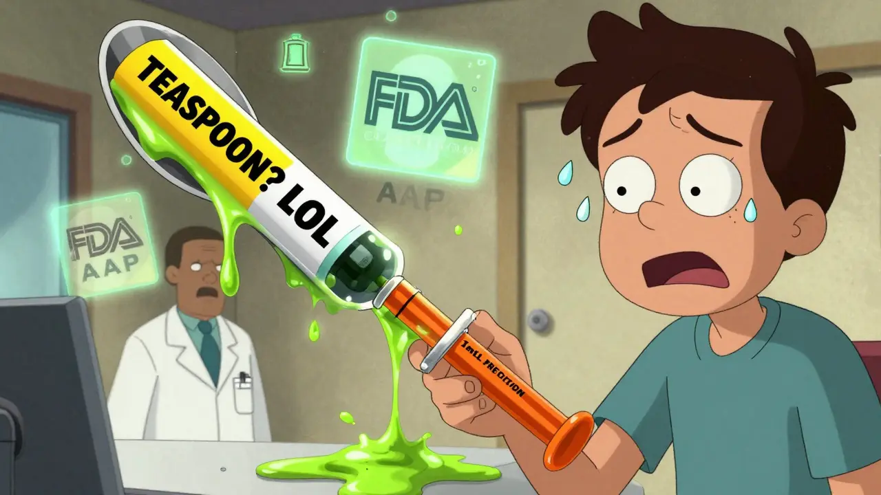 A pharmacist giving an oral syringe while a melting kitchen spoon turns to toxic sludge in a surreal cartoon kitchen.