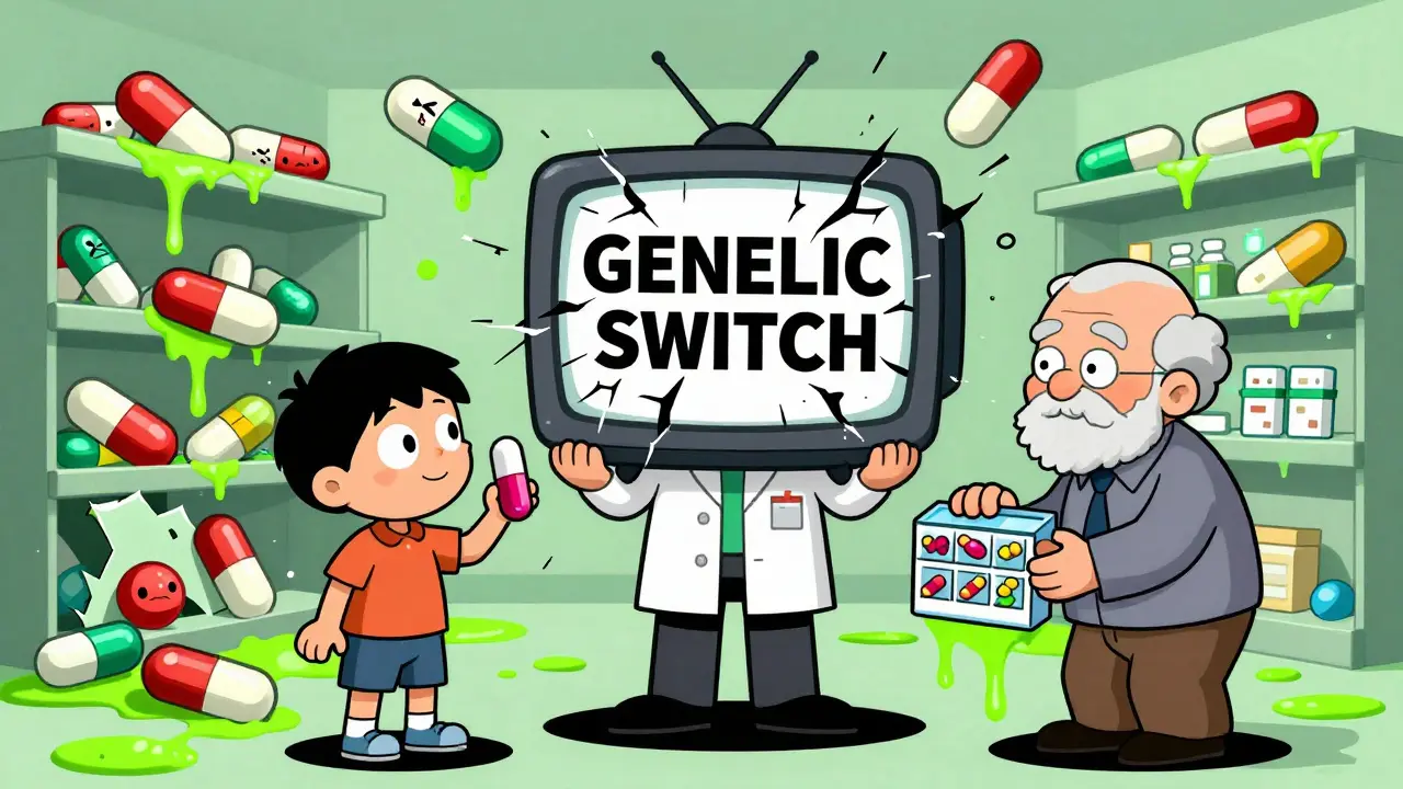 A pharmacist stands between a child and senior as a collapsing pharmacy shelf turns pills into screaming faces.