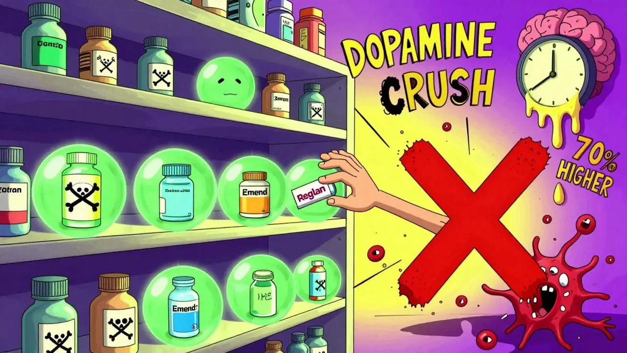 A pharmacy shelf with dangerous drug bottles marked by skulls, while safer alternatives glow safely, as a giant neuron X blocks access to Reglan.