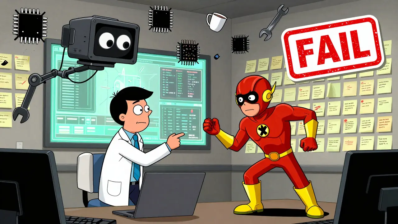 A quality engineer argues with a speedster manager as an AI camera projects chaotic data, with a giant 'FAIL' stamp looming.