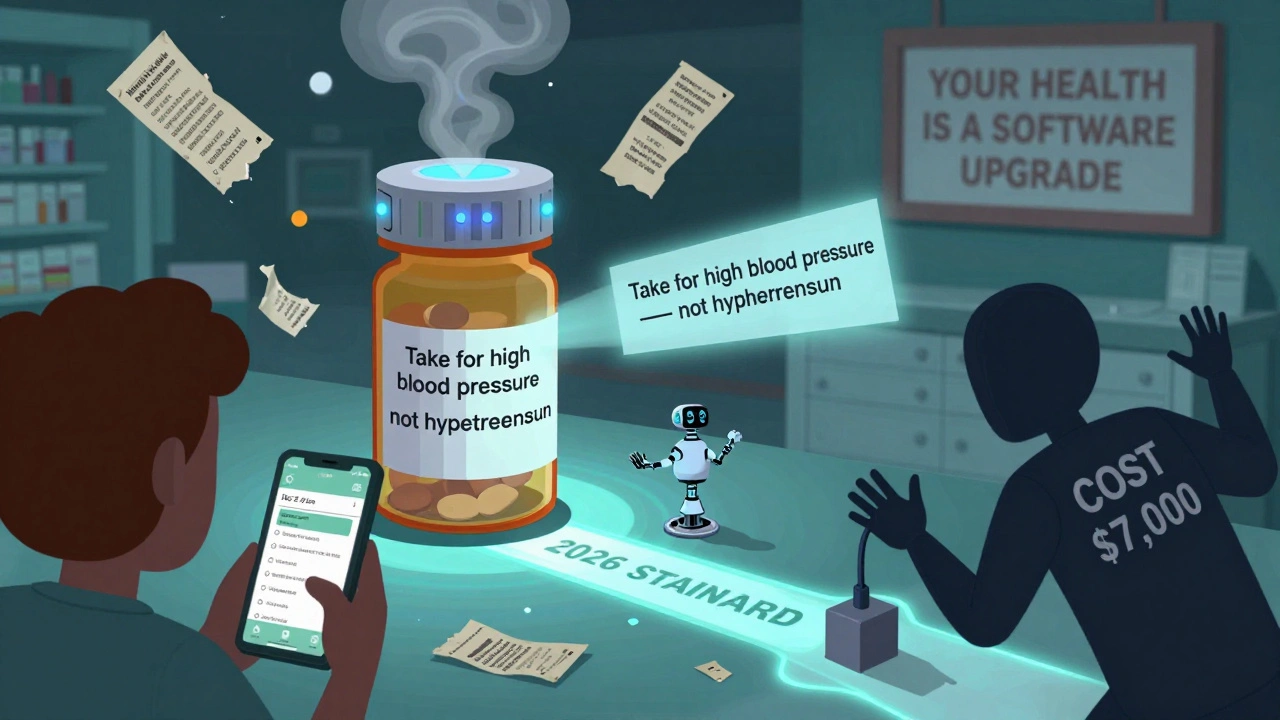 A smart pill bottle projecting clear instructions as old labels crumble, with a shadowy cost figure trying to stop progress.