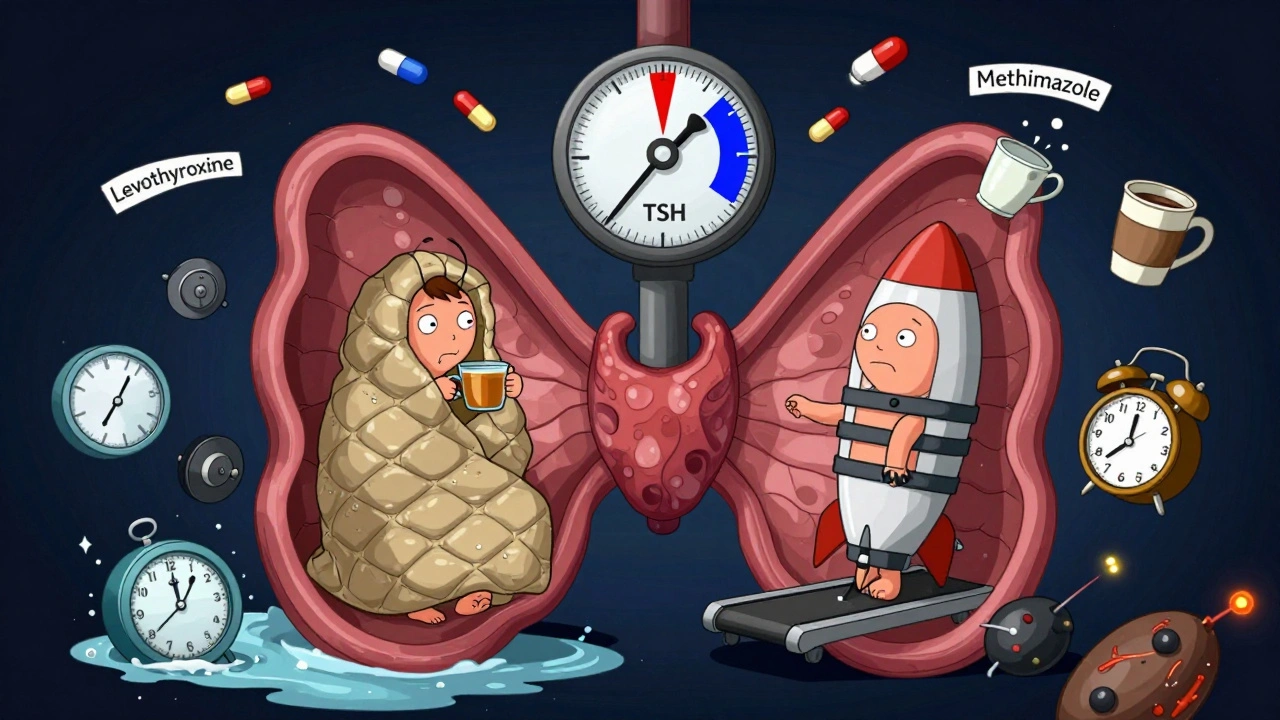 A tiny person inside a butterfly-shaped thyroid, one side frozen with weights, the other racing on a rocket treadmill, with a spinning TSH dial above.