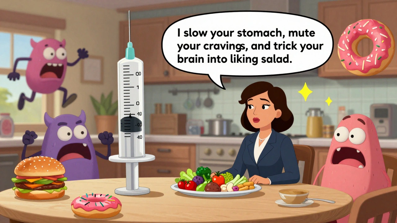 A woman eats healthy food while a talking GLP-1 syringe defeats junk food demons in a surreal kitchen scene.