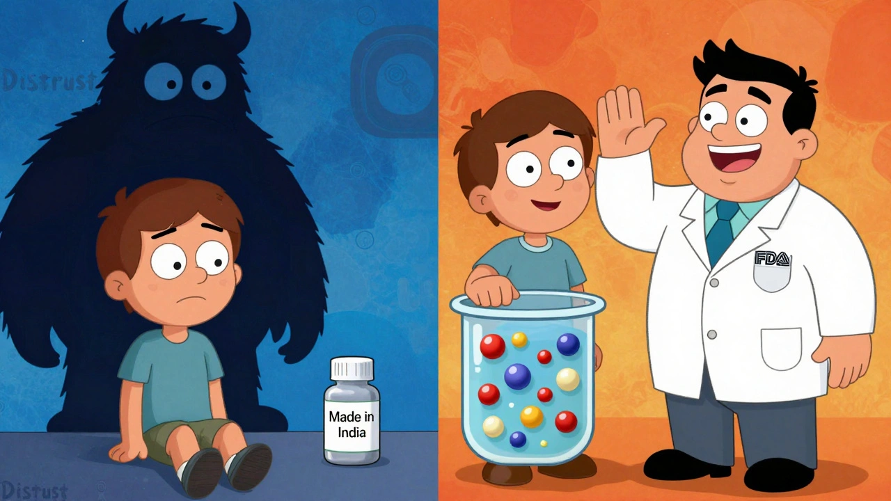 A worried patient beside a distrust monster, then smiling as an FDA inspector high-fives them with dissolving drug molecules in the background.