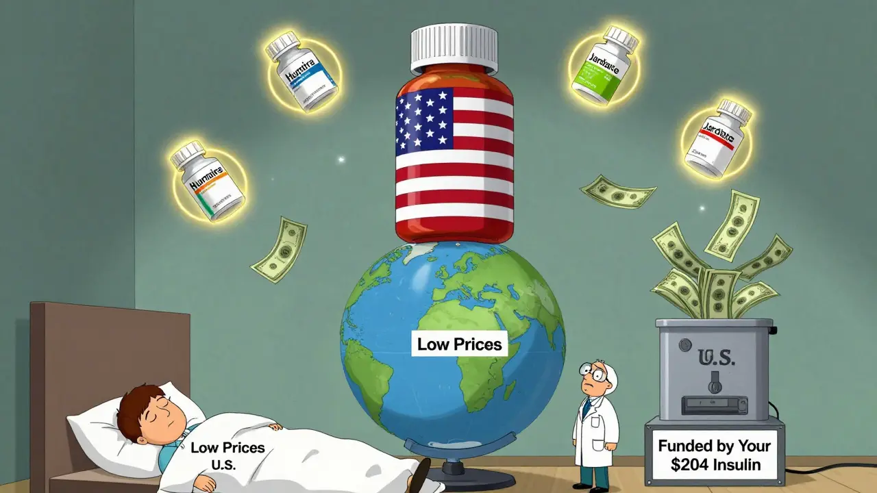 American pill flag funding global medical innovation while Europe sleeps under low-price blanket.