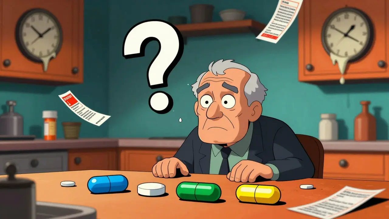 An elderly man stares in panic at four differently shaped and colored pills on a table, overwhelmed by confusion.
