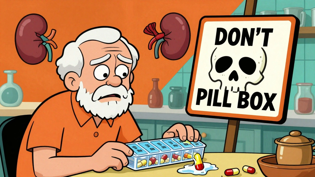 An elderly person holding a pill organizer with a melting dabigatran capsule, warning sign nearby.