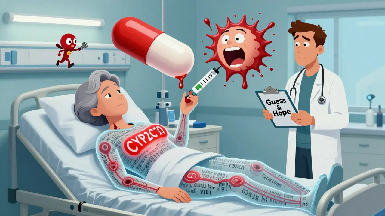 An elderly woman with genetic code glowing on her skin, a warfarin pill dripping blood