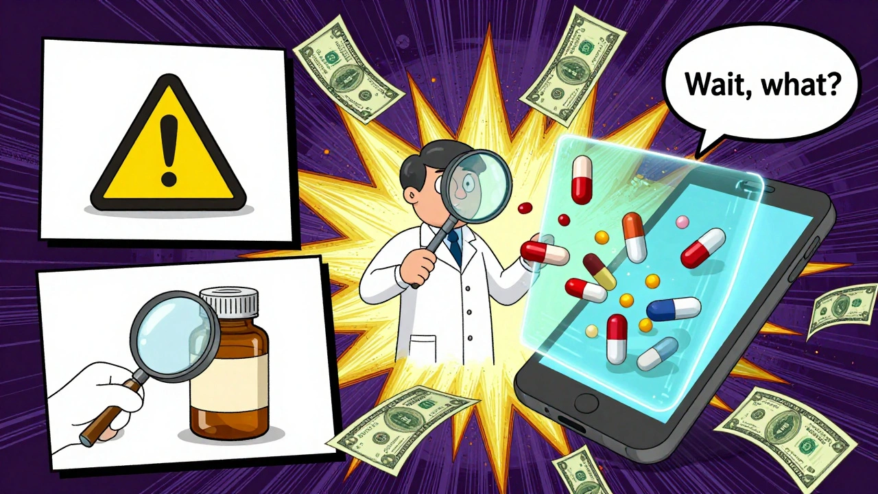An infographic explosion with warning icons, AR holograms, and dollar bills flying around a pharmacist and smartphone.