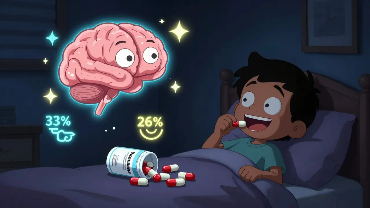 Child takes one dexamethasone tablet as floating brain shows sleep and mood effects compared to prednisone.
