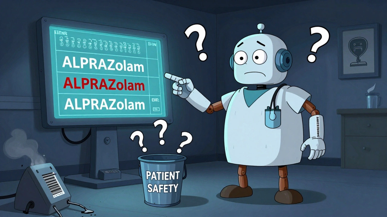 Doctor confused by inconsistent drug name displays on a flickering EHR screen.