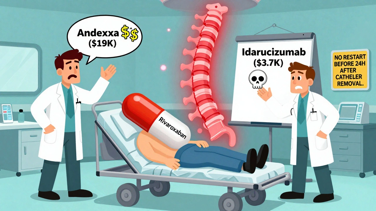 Emergency room scene with a patient carrying a DOAC pill, doctors arguing over expensive reversal drugs and a glowing spinal cord warning.