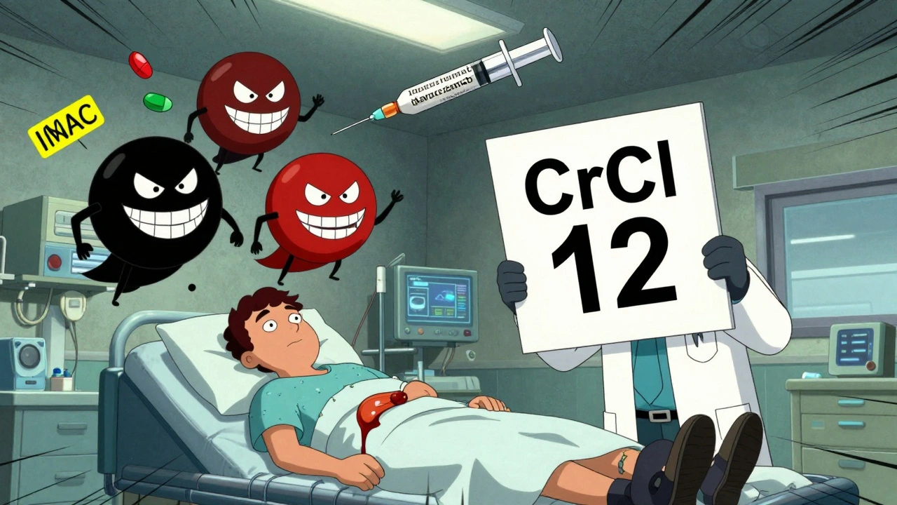 Emergency room scene with DOAC pills as villains and a patient bleeding, doctor holding a low kidney function sign.