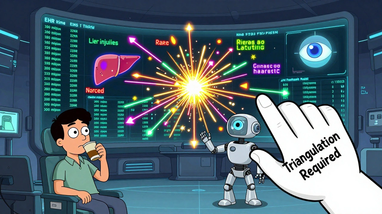 Futuristic data hub with neon safety signals flashing from patient streams, human expert beside a chaotic robot.